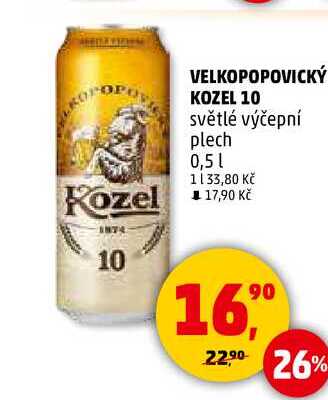 VELKOPOPOVICKÝ KOZEL 10 světlé výčepní plech, 0,5 l