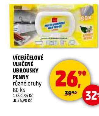 VÍCEÚČELOVÉ VLHČENÉ UBROUSKY PENNY různé druhy, 80 ksw