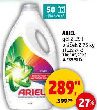 ARIEL gel 2,25 l, prášek 2,75 kg 
