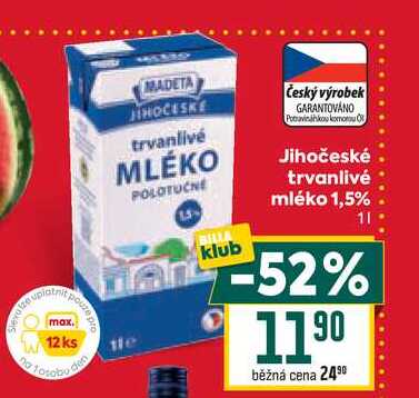 Jihočeské trvanlivé mléko 1,5% 1l