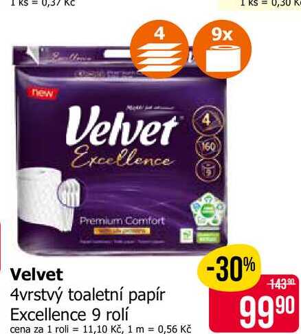 Velvet 4vrstvý toaletní papír Excellence 9 rolí 