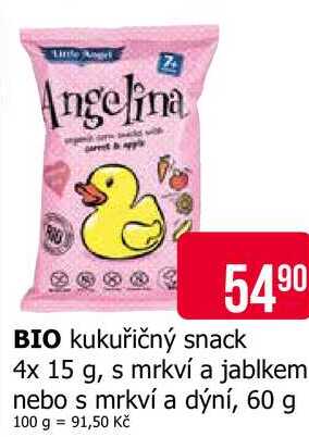 Angelina BIO kukuřičný snack 4x 15 g, s mrkví a jablkem nebo s mrkví a dýní, 60 g 