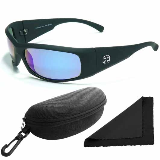 Brýle sluneční Polarized 77 - obroučky černé / skla modrá zrcadlová / polarizační skla / pouzdro a utěrka