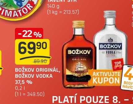 BOŽKOV ORIGINÁL, BOŽKOV VODKA 37,5 % 0,2l 