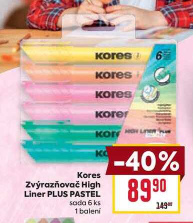 Kores Zvýrazňovač High Liner PLUS PASTEL sada 6 ks 1 balení