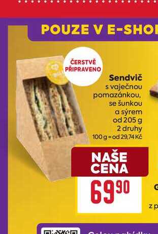 Sendvič s vaječnou pomazánkou, se šunkou a sýrem od 205 g