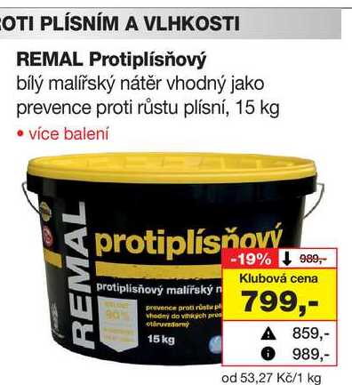 REMAL Protiplísňový bílý malířský nátěr vhodný jako prevence proti růstu plísní, 15 kg