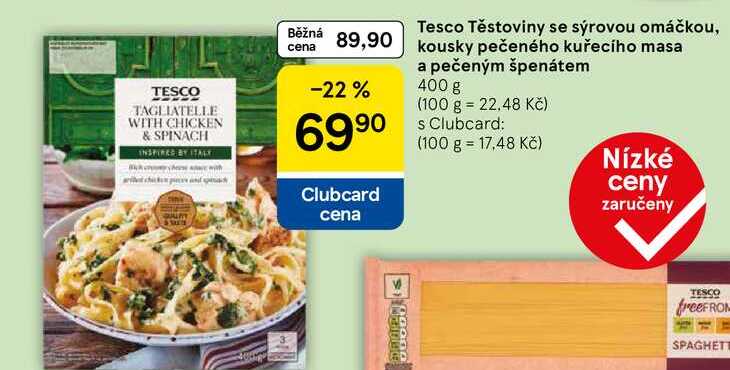 Tesco Těstoviny se sýrovou omáčkou, kousky pečeného kuřecího masa a pečeným špenátem, 400 g 