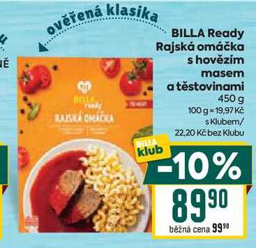 BILLA Ready Rajská omáčka s hovězím masem a těstovinami 450 g 