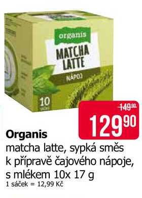 Organis matcha latte, sypká směs k přípravě čajového nápoje, s mlékem 10x 17 g