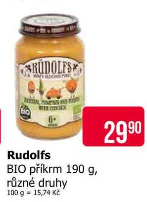Rudolfs BIO příkrm 190 g, různé druhy 