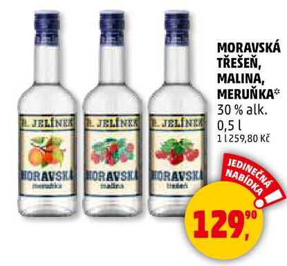 MORAVSKÁ TŘEŠEŇ, MALINA, MERUŇKA 30% alk., 0,5 l 