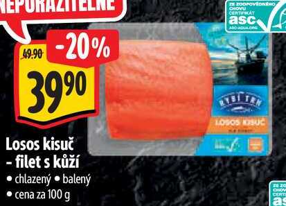 Losos kisuč - filet s kůží, cena za 100 g 