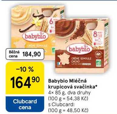 Babybio Mléčná krupicová svačinka, 4x 85 g, dva druhy 