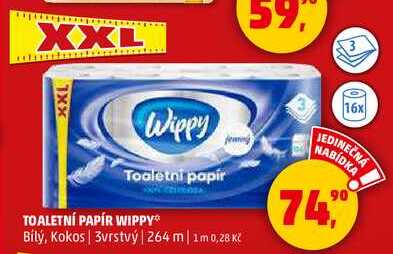 TOALETNÍ PAPÍR WIPPY Bílý, Kokos, 3vrstvý, 264 m