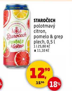 STAROČECH polotmavý citron, pomelo & grep plech, 0,5 l