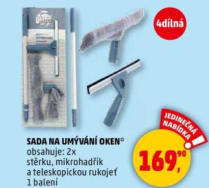 SADA NA UMÝVÁNÍ OKEN obsahuje: 2x stěrku, mikrohadřík a teleskopickou rukojeť, 1 balení