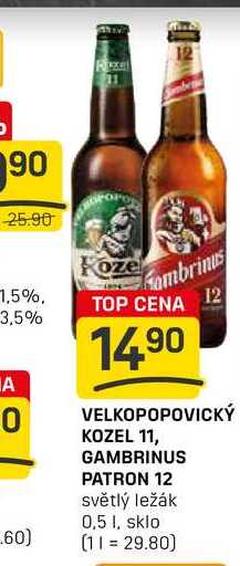 VELKOPOPOVICKÝ KOZEL 11, GAMBRINUS PATRON 12 světlý ležák 0,5l
