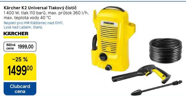Kärcher K2 Universal Tlakový čistič 1400 W, tlak 110 barů, max. průtok 360 1/h. max. teplota vody 40 °C  