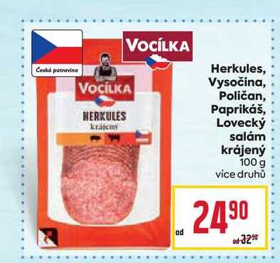 Herkules, Vysočina, Poličan, Paprikáš, Lovecký salám krájený 100 g 