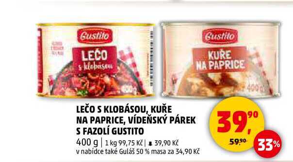 KUŘE NA PAPRICE, VÍDEŇSKÝ PÁREK S FAZOLÍ GUSTITO, 400 g