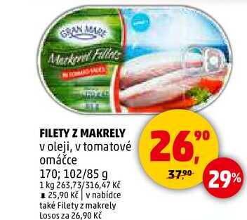 FILETY Z MAKRELY v oleji, v tomatové omáčce, 170; 102/85 g
