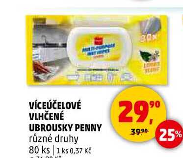 VÍCEÚČELOVÉ VLHČENÉ UBROUSKY PENNY různé druhy, 80 ks  