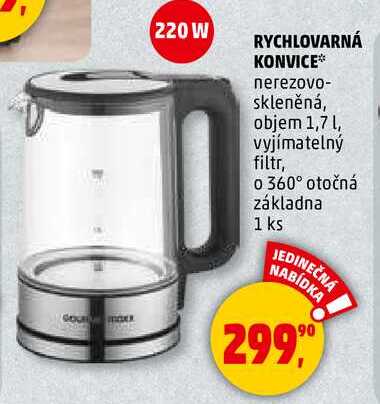 RYCHLOVARNÁ KONVICE nerezovo- skleněná, objem 1,7 l, vyjímatelný filtr, o 360° otočná základna, 1 ks  