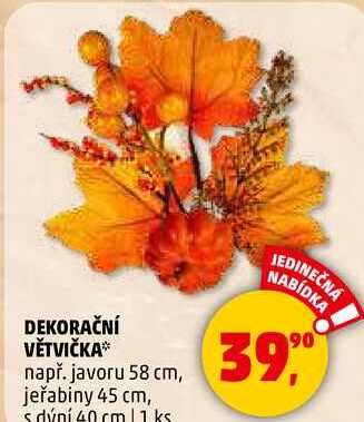 DEKORAČNÍ VĚTVIČKA např. javoru 58 cm, jeřabiny 45 cm, s dýní 40 cm, 11 ks 