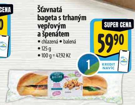 Šťavnatá bageta s trhaným vepřovým a špenátem, 125 g