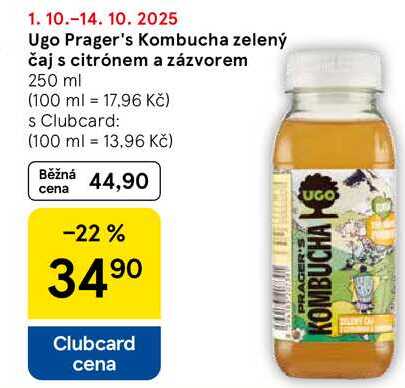 Ugo Prager's Kombucha zelený čaj s citrónem a zázvorem, 250 ml  