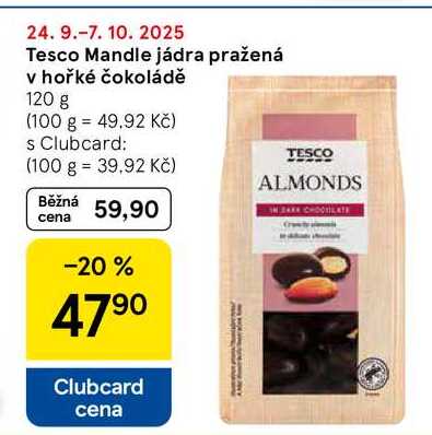 Tesco Mandle jádra pražená v hořké čokoládě, 120 g  