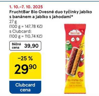 FruchtBar Bio Ovesné duo tyčinky jablko s banánem a jablko s jahodami, 27 g  