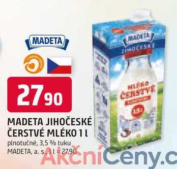 MADETA JIHOČESKÉ ČERSTVÉ MLÉKO 1L plnotučné, 3,5% tuku