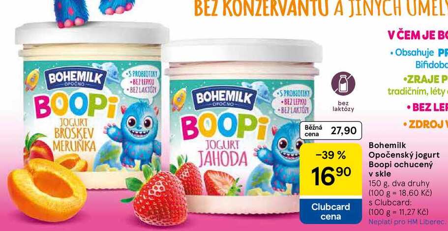 Bohemilk Opočenský jogurt Boopi ochucený v skle, 150 g, dva druhy  
