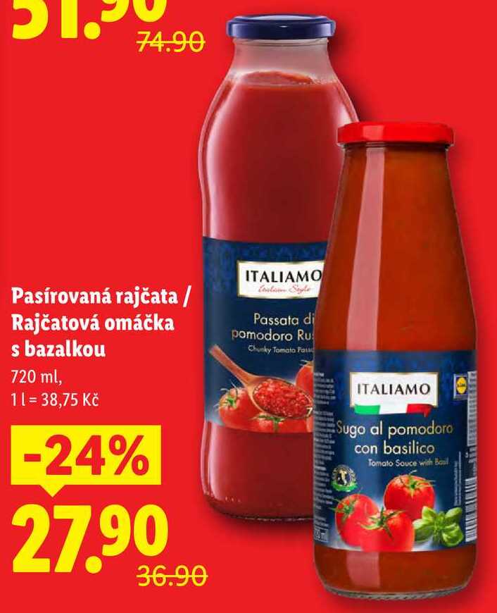 Pasírovaná rajčata/Rajčatová omáčka s bazalkou, 720 ml