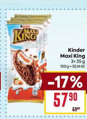 Kinder Maxi King chlazená tyčinka s mléčnokaramelovou náplní v mléčné čokoládě s oříšky 3x35g