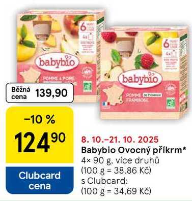 Babybio Ovocný příkrm, 4x 90 g, více druhů 