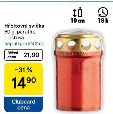 Hřbitovní svíčka, 60 g. parafín. plastová  