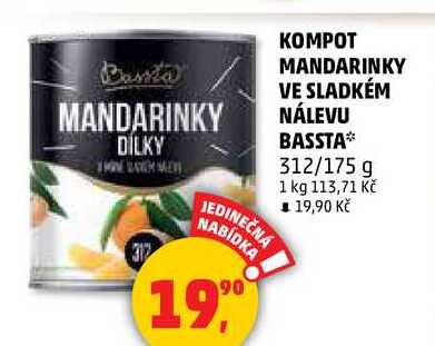 KOMPOT MANDARINKY VE SLADKÉM NÁLEVU BASSTA, 312 g