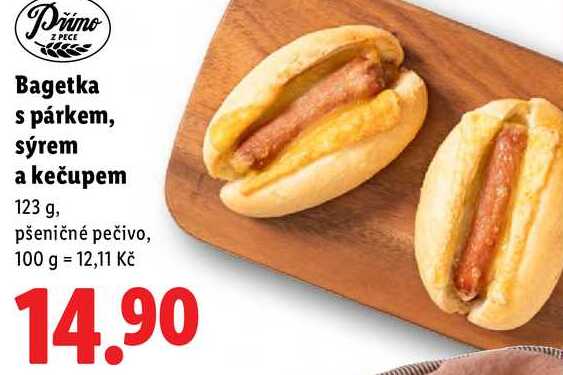 Bagetka s párkem, sýrem a kečupem, 123 g