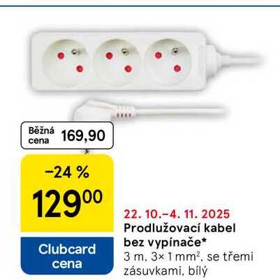 Prodlužovací kabel bez vypínače, 3 m. 3× 1 mm². se třemi zásuvkami, bílý 