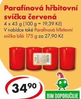 Parafínová hřbitovní svíčka červená, 4x 45 g