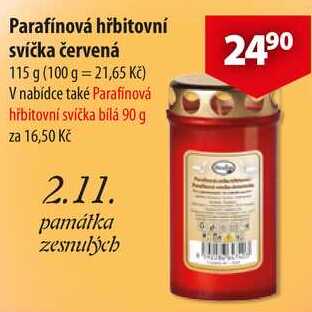 Parafínová hřbitovní svíčka červená, 115 g