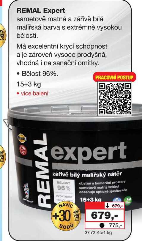 REMAL Expert sametově matná a zářivě bílá malířská barva s extrémně vysokou bělostí. Má excelentní krycí schopnost a je zároveň vysoce prodyšná, vhodná i na sanační omítky. Bělost 96%. 15+3 kg