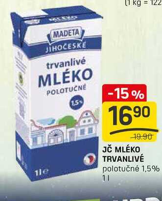 JČ MLÉKO TRVANLIVÉ polotučné 1,5% 1l