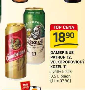 GAMBRINUS PATRON 12, VELKOPOPOVICKÝ KOZEL 11 světlý ležák 0,5l, plech