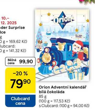 Orion Adventní kalendář bílá čokoláda, 85 g