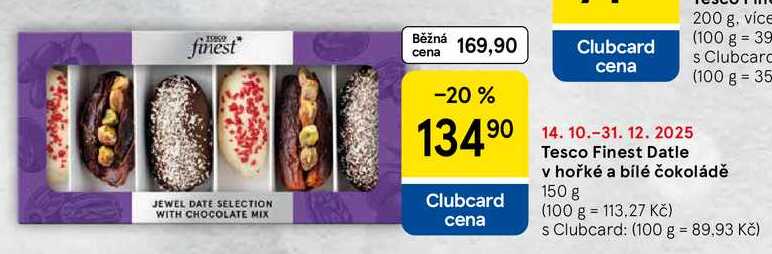 Tesco Finest Datle v hořké a bílé čokoládě, 150 g