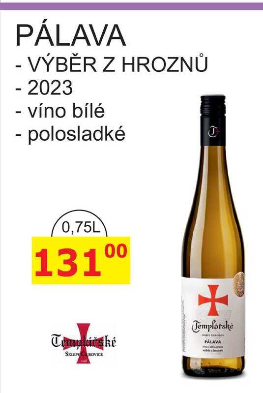 Templářské sklepy 0,75l PÁLAVA 2023, víno bílé - polosladké